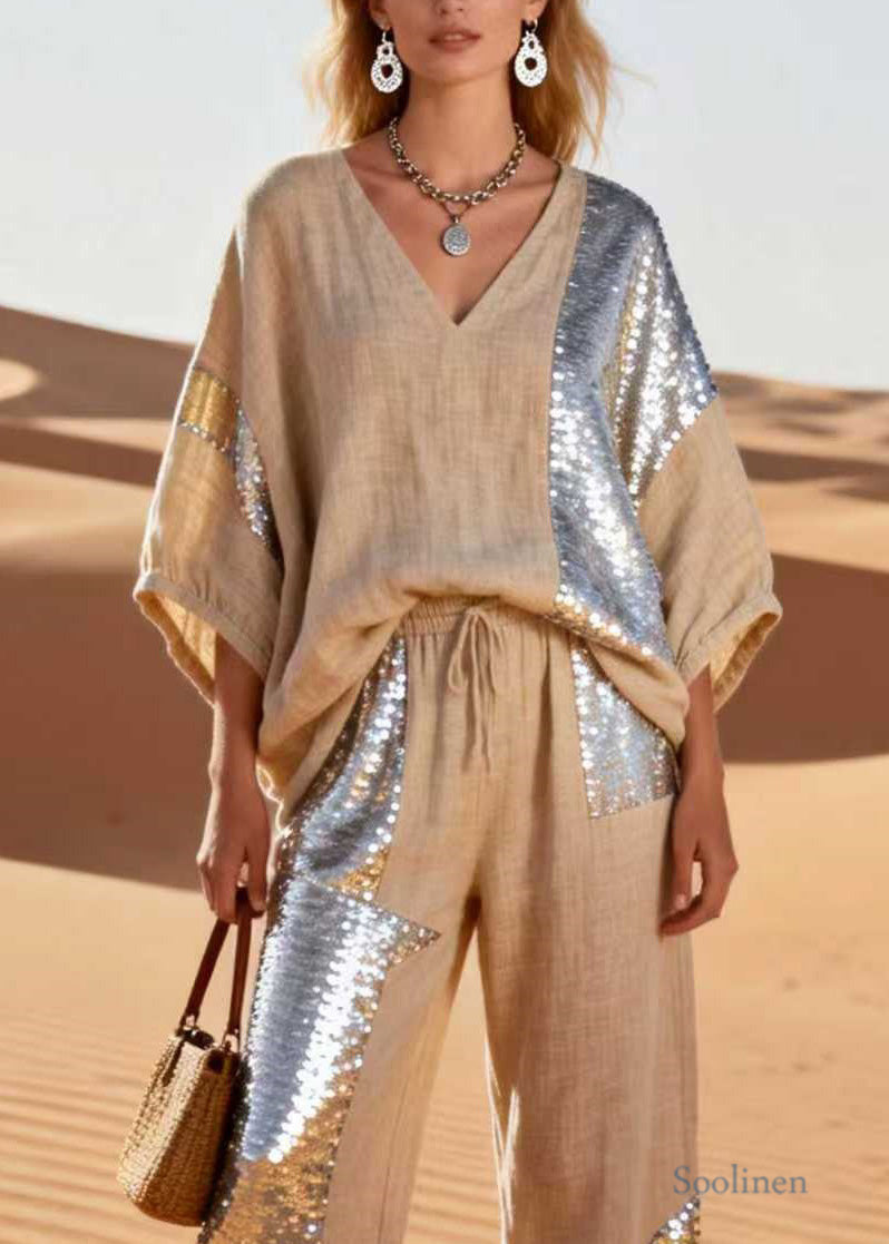 V Neck Sequins Patchwork Linen Two Piece Set Spring
