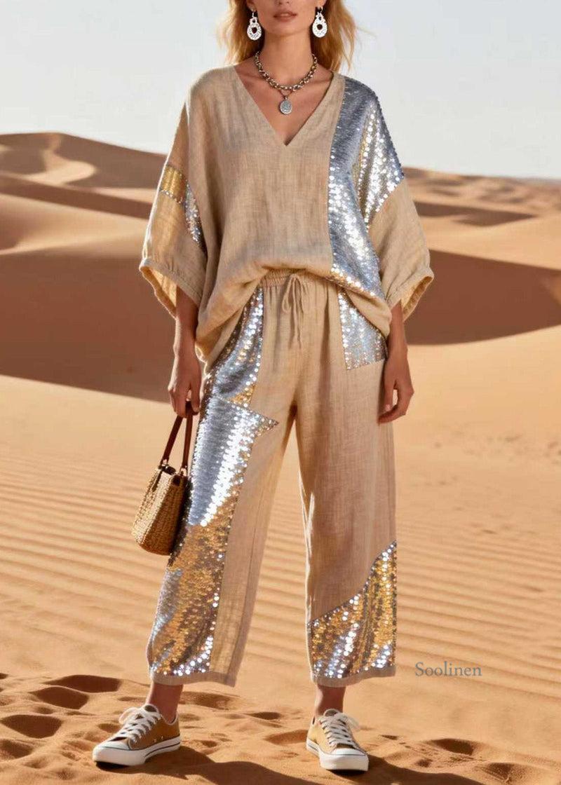 V Neck Sequins Patchwork Linen Two Piece Set Spring