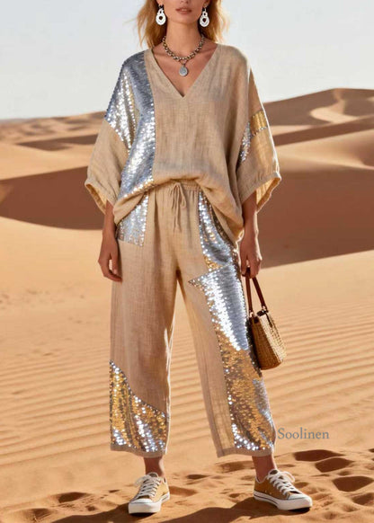 V Neck Sequins Patchwork Linen Two Piece Set Spring