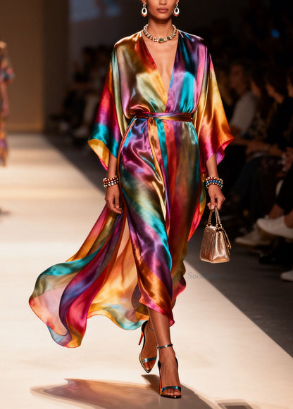 V Neck Side Open Silk Holiday Dress Summer