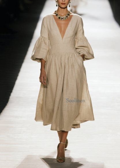 V Neck Wrinkled Patchwork Cotton Dress Spring