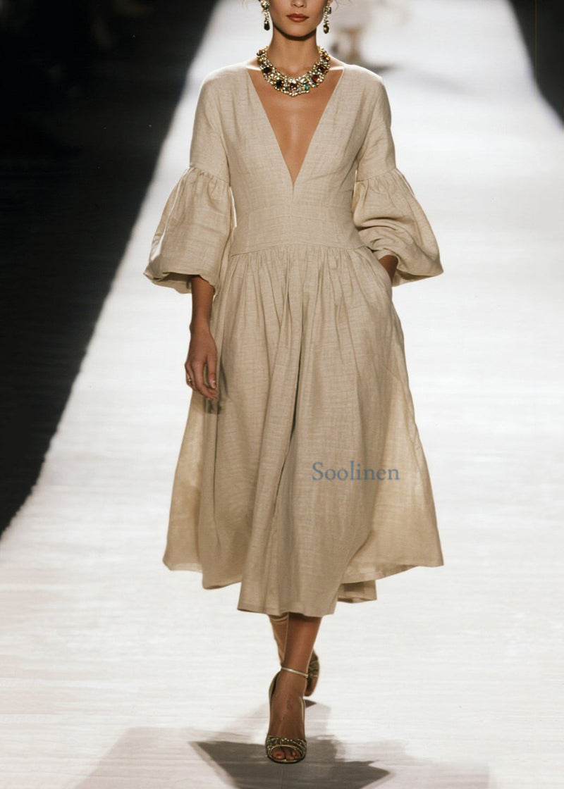 V Neck Wrinkled Patchwork Cotton Dress Spring