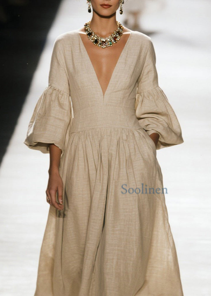 V Neck Wrinkled Patchwork Cotton Dress Spring