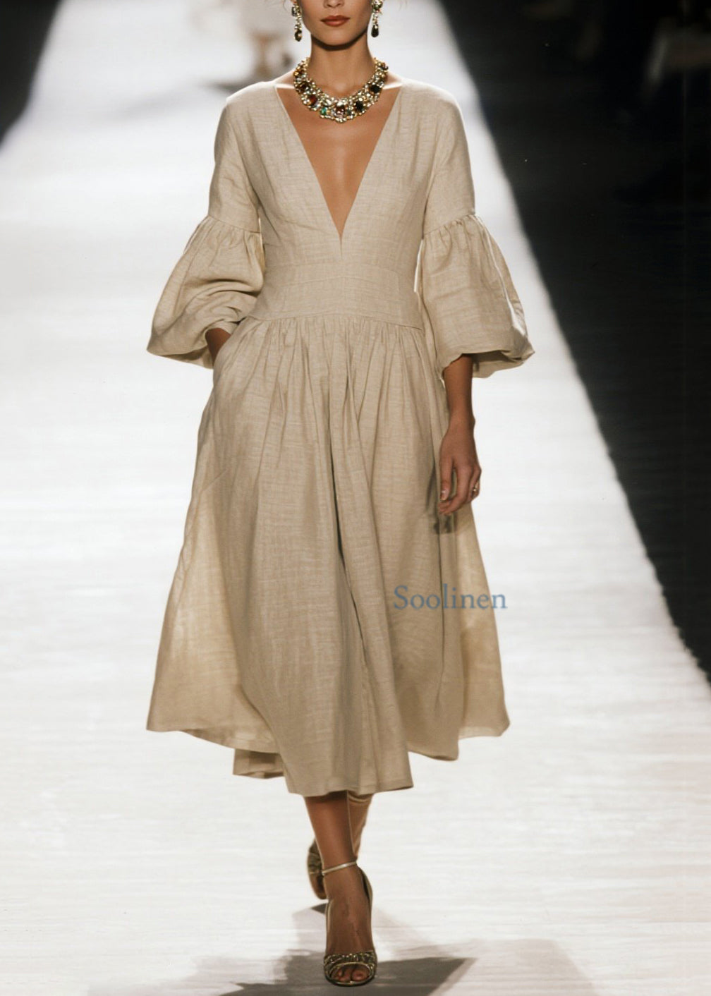V Neck Wrinkled Patchwork Cotton Dress Spring