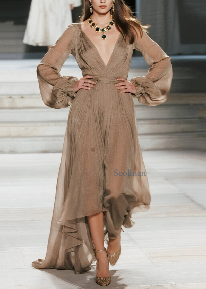 V Neck Wrinkled Patchwork Cotton Maxi Dresses Spring
