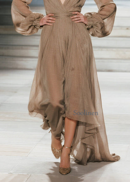 V Neck Wrinkled Patchwork Cotton Maxi Dresses Spring