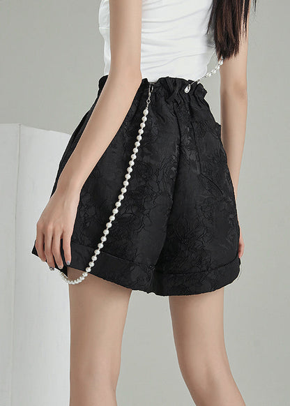 Black Zip Up Jacquard Cotton Shorts