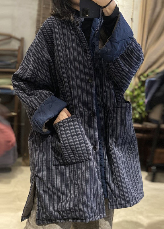 Blue Stand Collar Pockets Striped Fine Cotton Filled Coat Winter