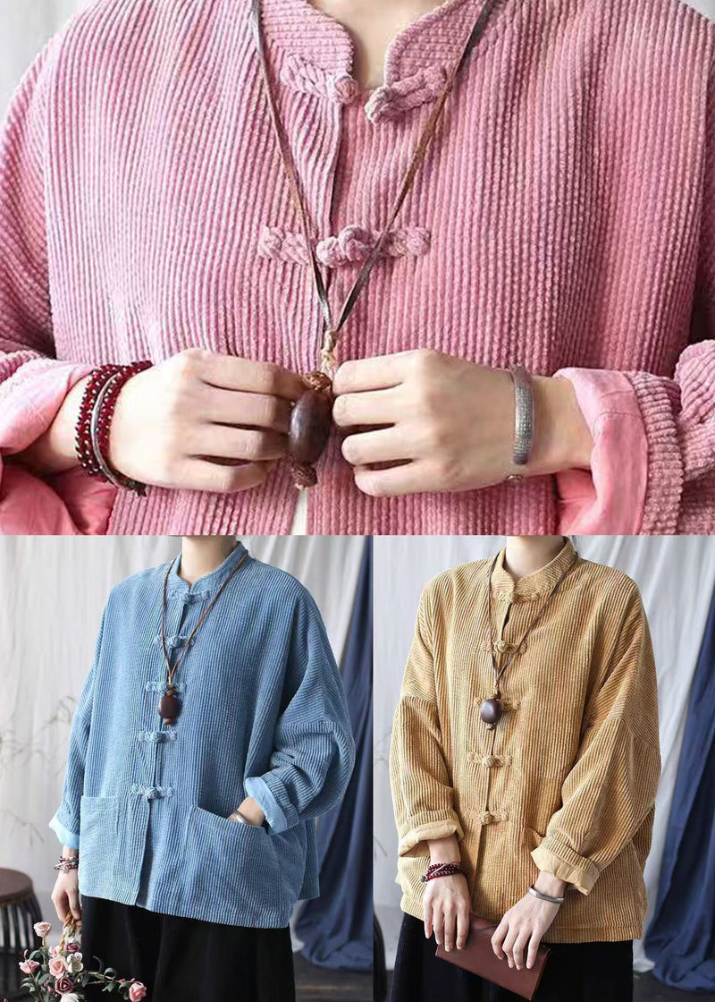 Pink Stand Collar Pockets Corduroy Jackets Spring