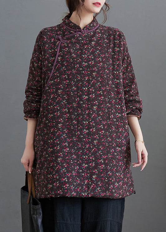 Purple Print Stand Collar Fine Cotton Filled Top Winter