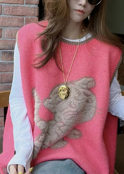 Watermelon Red O Neck Cozy Knit Waistcoat Sleeveless