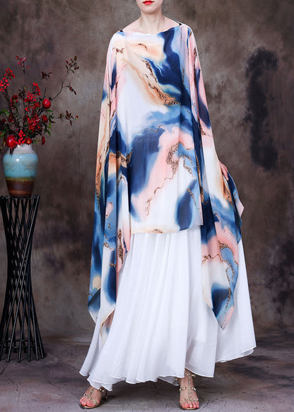 White Asymmetrical Design Tie Dye Chiffon Upf 50+ Top Batwing Sleeve