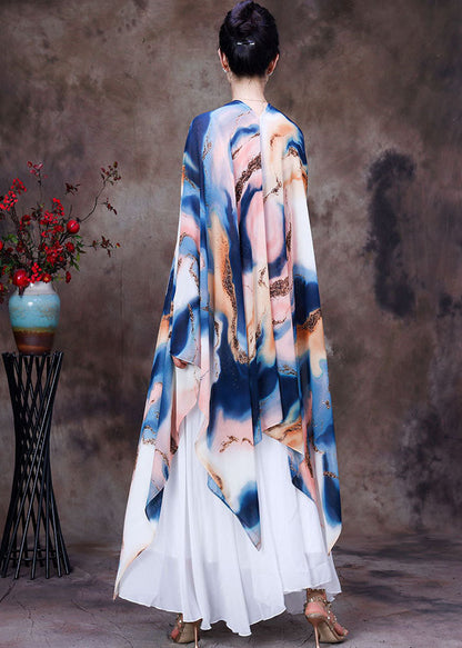 White Asymmetrical Design Tie Dye Chiffon Upf 50+ Top Batwing Sleeve