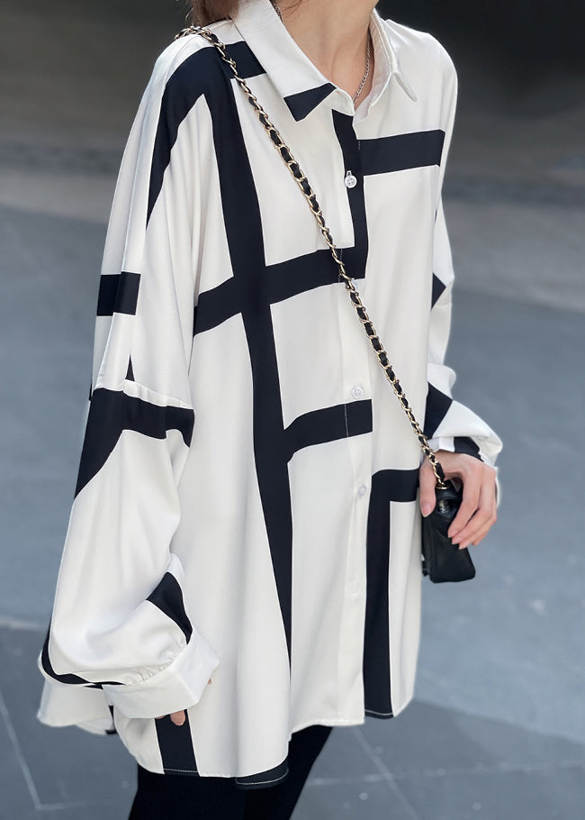 White Asymmetrical Striped Patchwork Cotton Tops Long Sleeve