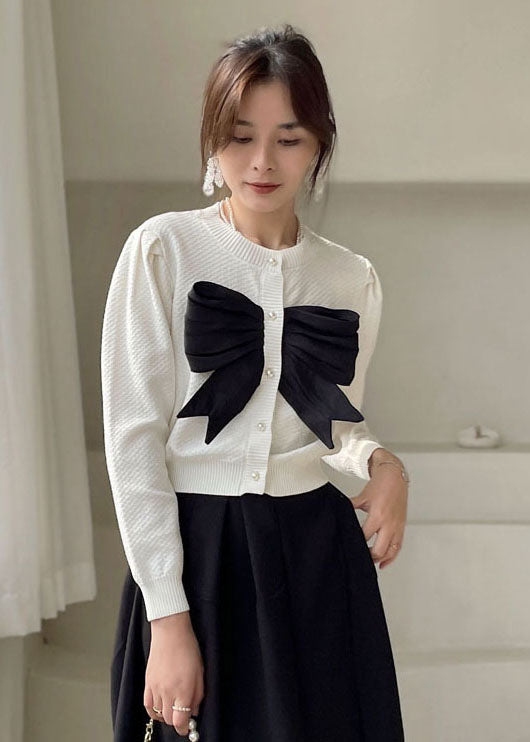 White Button Bow Knit Shirt Tops Spring