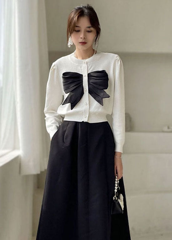 White Button Bow Knit Shirt Tops Spring