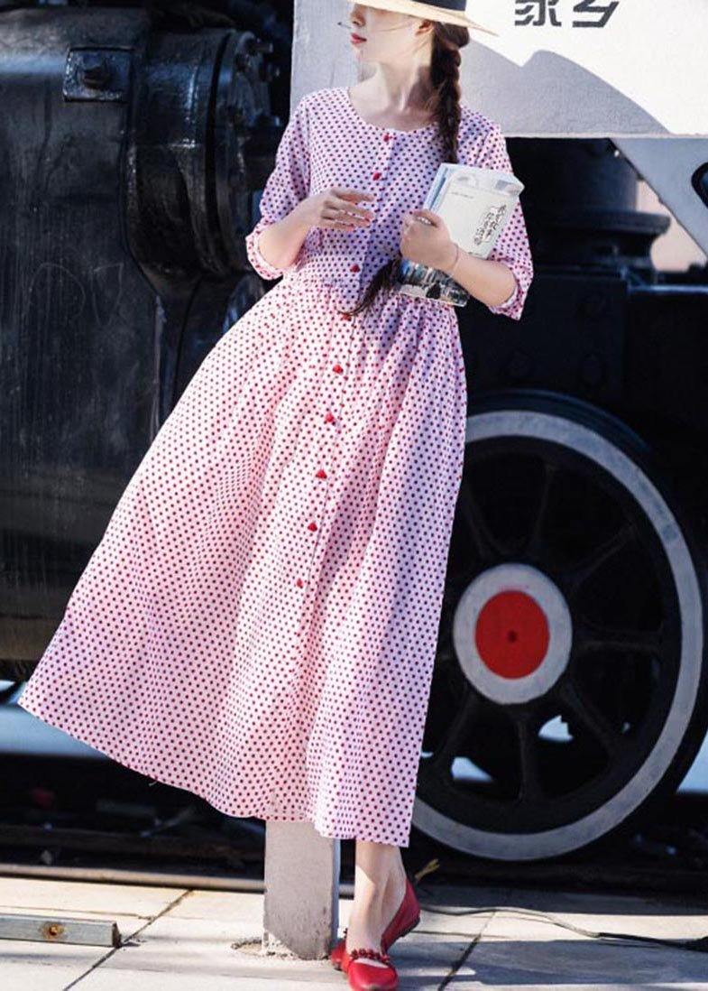 White Dot Cinched Button Long Summer Cotton Dress