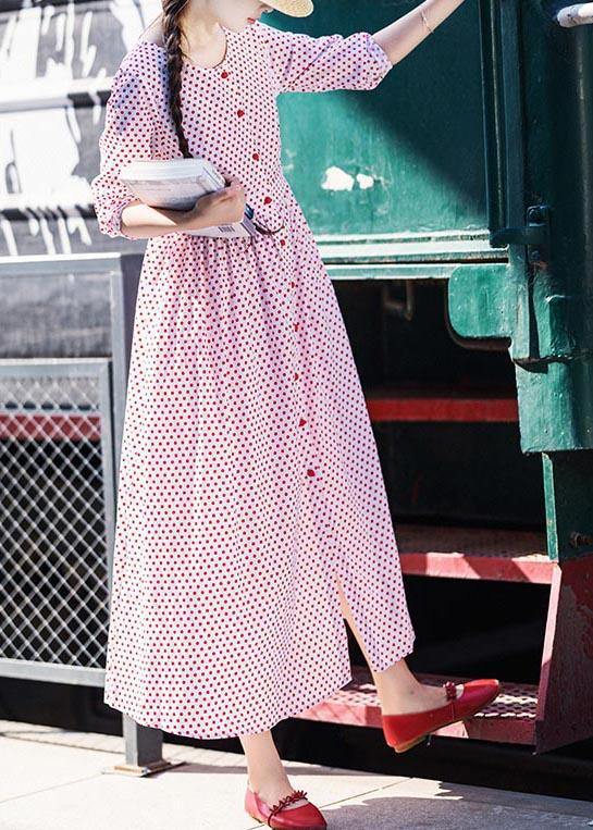 White Dot Cinched Button Long Summer Cotton Dress