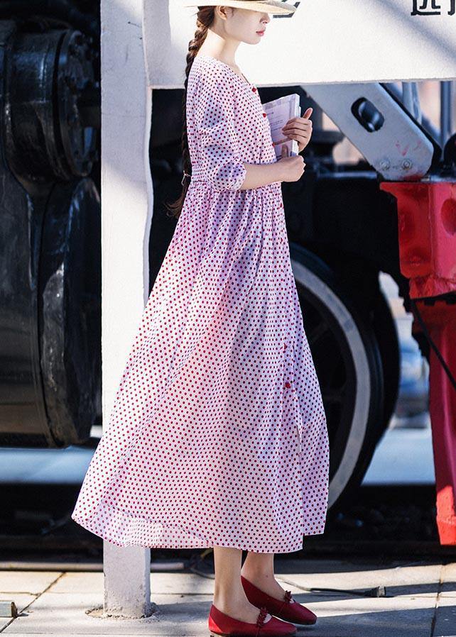 White Dot Cinched Button Long Summer Cotton Dress