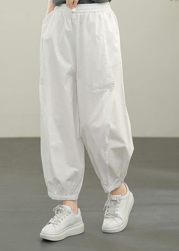 White Elastic Waist Cargo Cotton Pants Summer