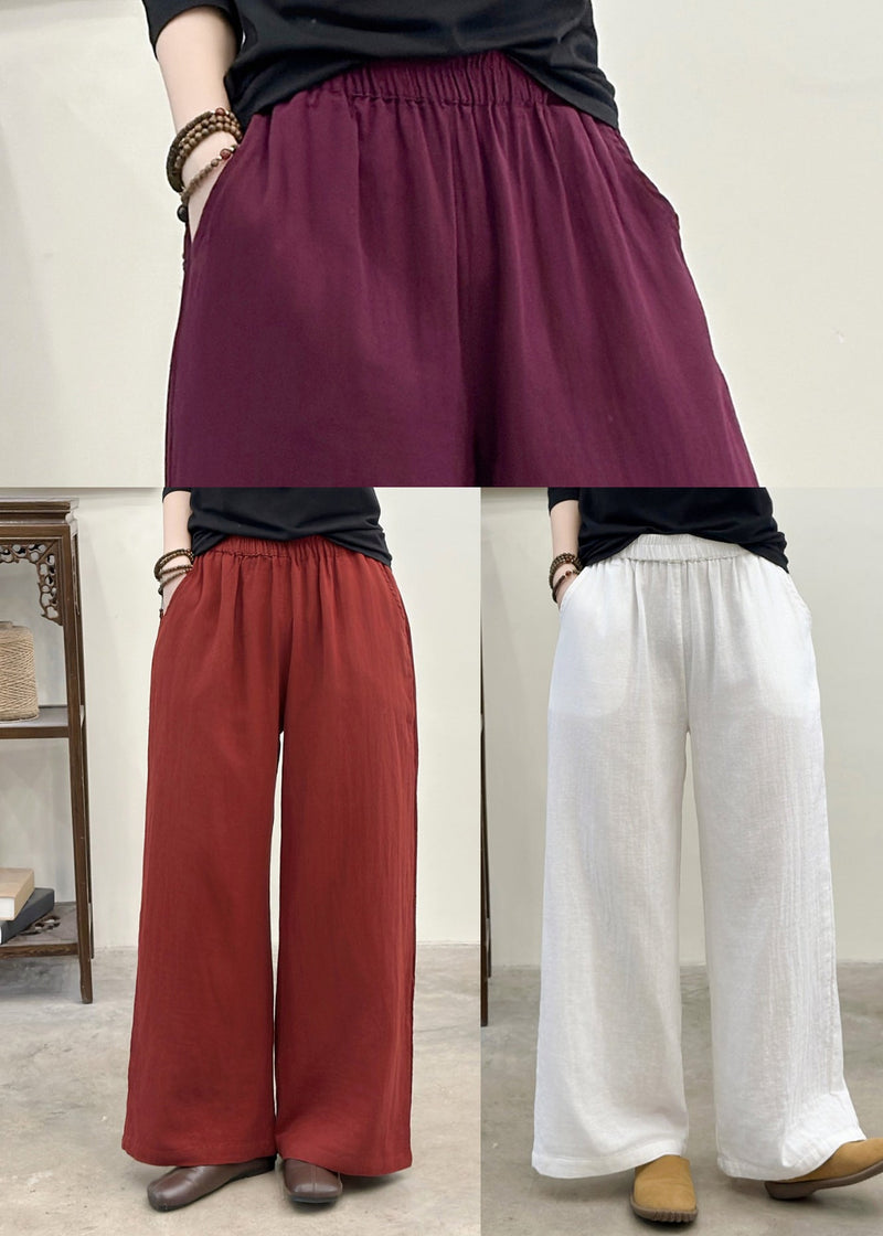 White Elastic Waist Linen Straight Pants Summer