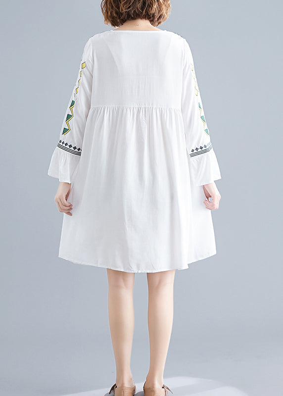 White Embroideried Vacation Dress Long Sleeve