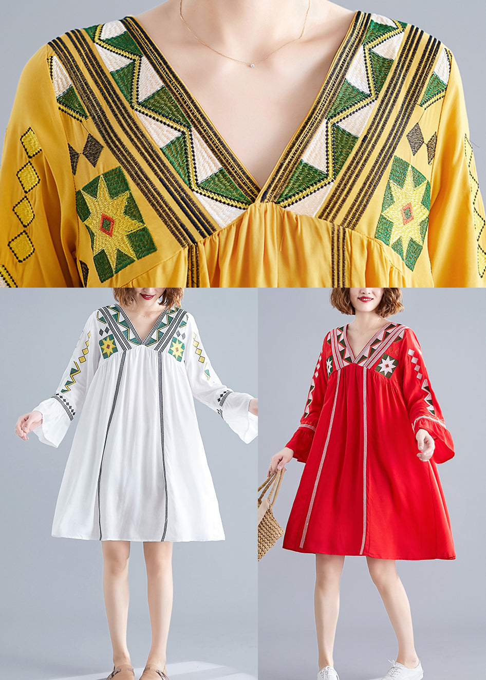 White Embroideried Vacation Dress Long Sleeve