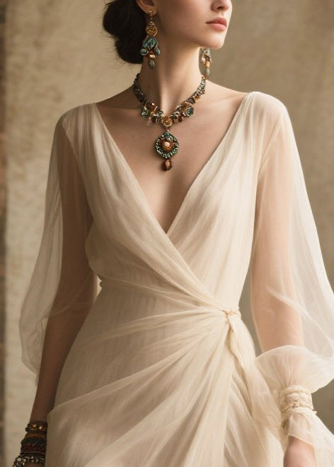 White Exra Large Hem Side Open Tulle Long Dress Summer