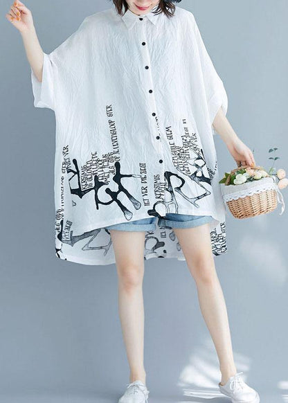 White Graphic Peter Pan Collar Cotton Tops Summer