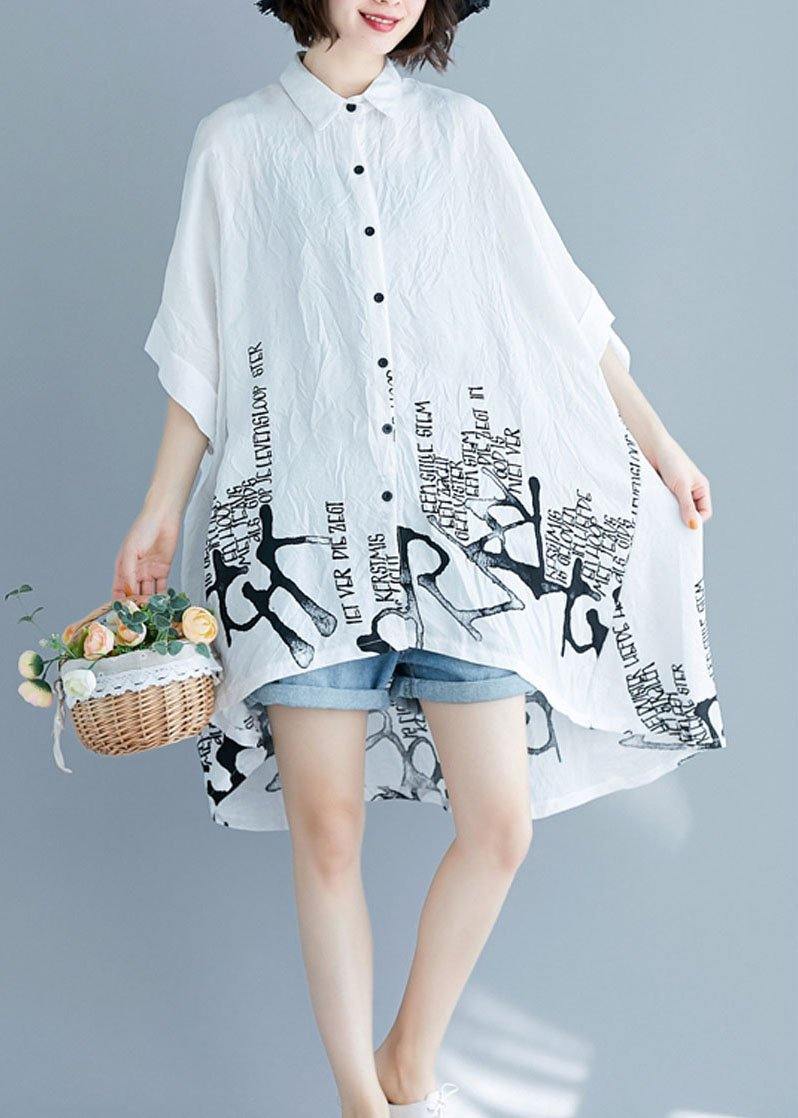 White Graphic Peter Pan Collar Cotton Tops Summer