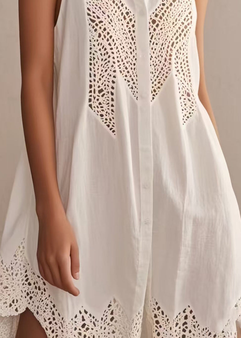 White Hollow Out Cotton Day Dress Sleeveless