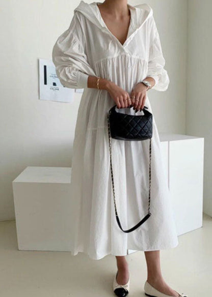 White Hooded Patchwork Cotton Maxi Dress Spring