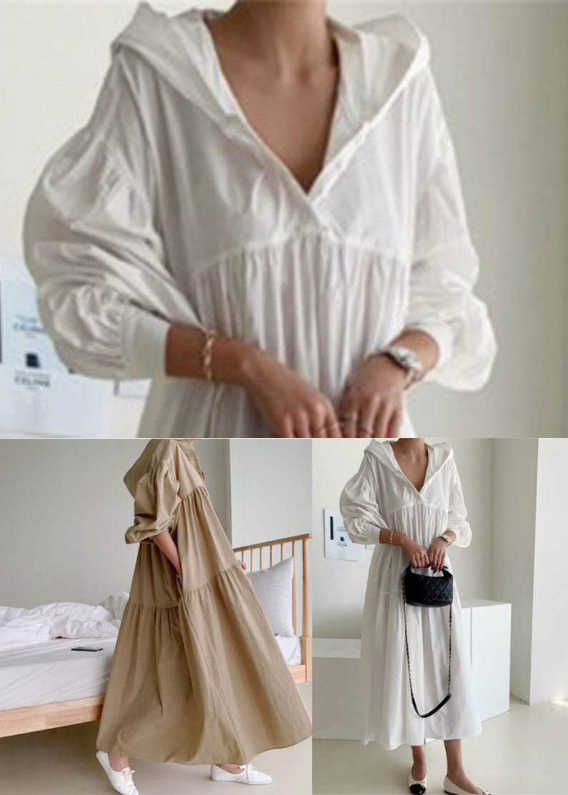 White Hooded Patchwork Cotton Maxi Dress Spring