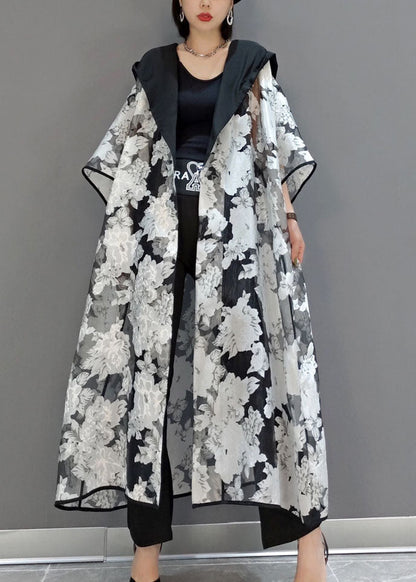 White Hooded Print Tulle Cardigans Summer