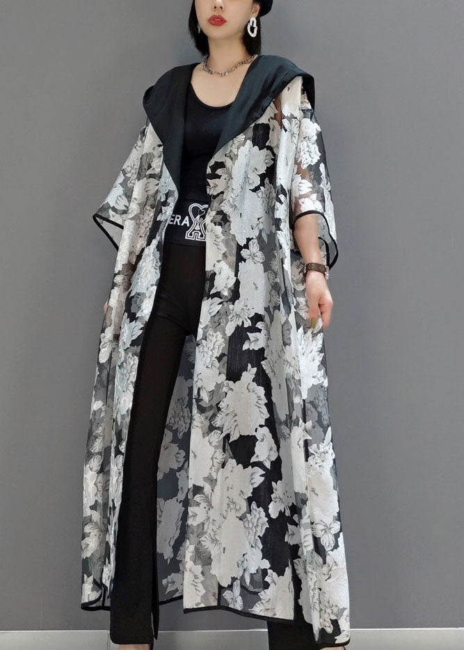 White Hooded Print Tulle Cardigans Summer