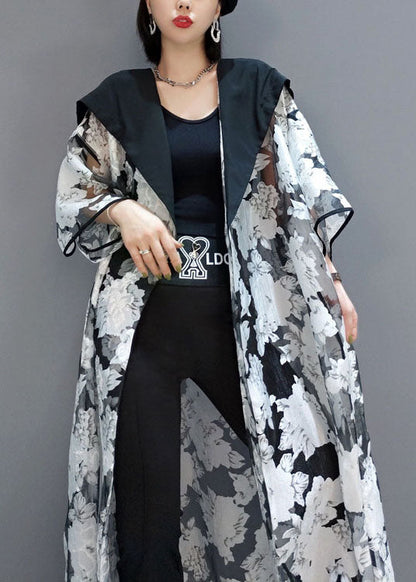White Hooded Print Tulle Cardigans Summer