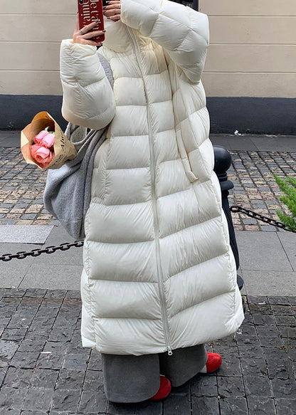 White Hooded Zippered Pockets Duck Down Long Coat Winter
