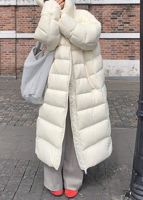 White Hooded Zippered Pockets Duck Down Long Coat Winter