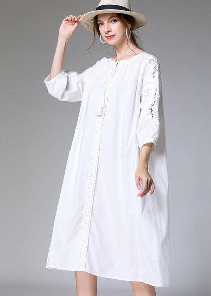 White Loose O-neck a Line Spring Maxi Dress Three Quarter Sleeve