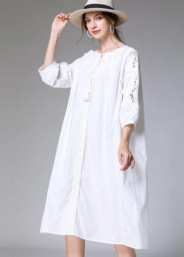 White Loose O-neck a Line Spring Maxi Dress Three Quarter Sleeve
