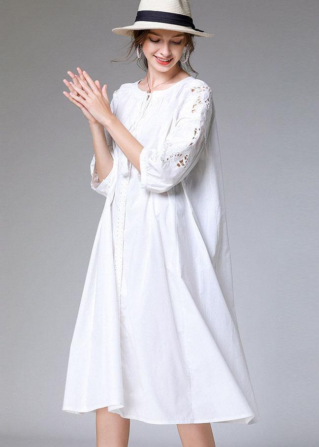 White Loose O-neck a Line Spring Maxi Dress Three Quarter Sleeve