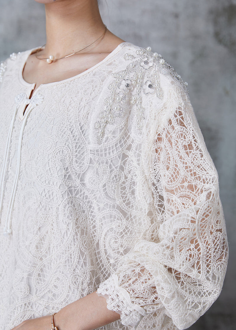 White Nail Bead Chinese Button Lace Top Summer