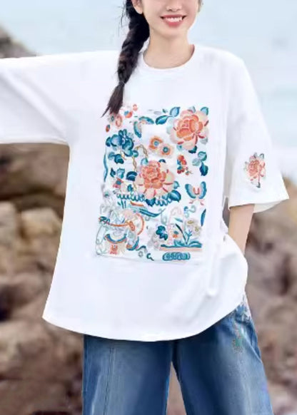 White O-neck Embroidered Cotton T Shirt Summer