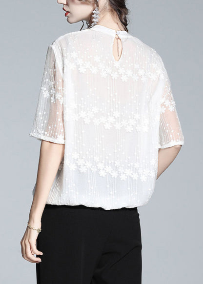 White O-neck Embroideried Ruffled Silk Shirts Short Sleeve