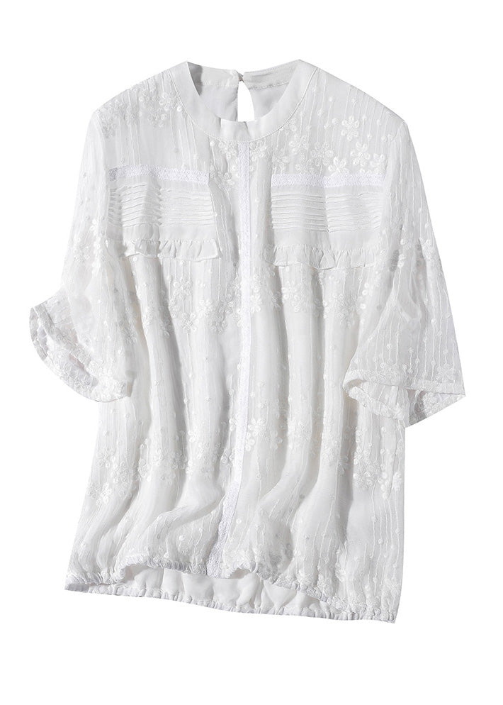 White O-neck Embroideried Ruffled Silk Shirts Short Sleeve