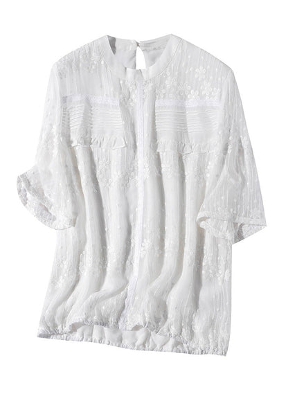 White O-neck Embroideried Ruffled Silk Shirts Short Sleeve