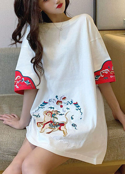 White O-neck Embroideried Tanks Short Sleeve