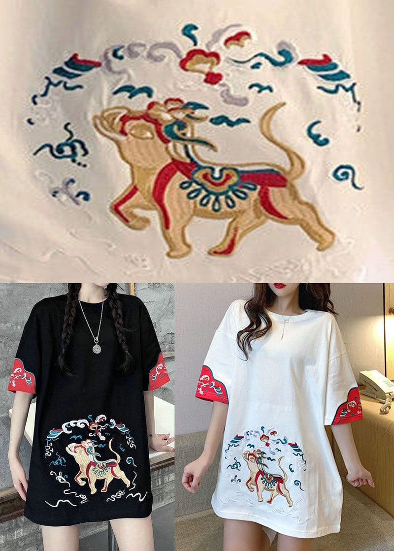 White O-neck Embroideried Tanks Short Sleeve