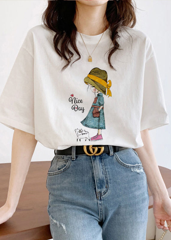White O Neck Print Cotton T Shirt Short Sleeve