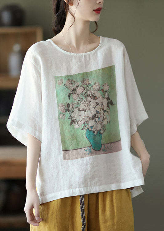 White O-neck Print Linen T Shirt Half Sleeve